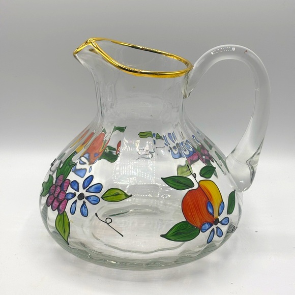Other - Vtg Fifth Avenue hand painted Romanian crystal 8" fruit floral gold rim pitcher